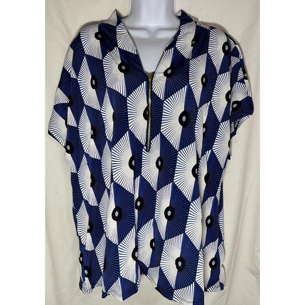 80 Park Avenue Women's Plus 2X Top Blue White Geometric Optical Art 1/4 Zip Tuni